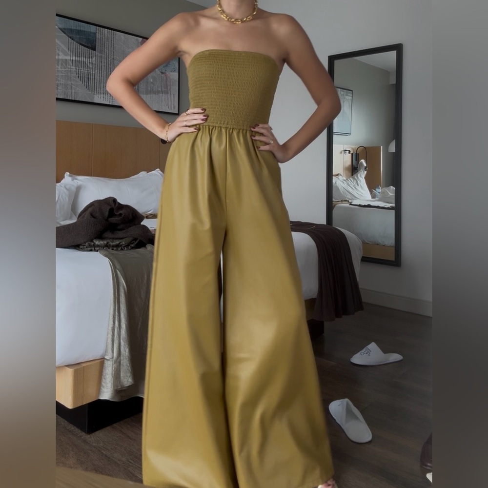 Olive Green/Chartreuse Strapless Jumpsuit